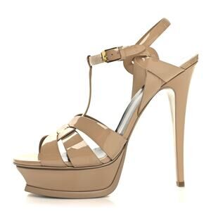 Saint Laurent Tribute 105 Nude Patent Platform Ankle Strap Heels Sandals 41.5